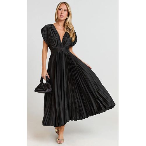 Della Midi Dress - Plunge Neck Short Sleeve Pleated Dress - Black Evening Gown, Formal Occasion Maxi Dress for Women, Elegant Ladies Evening Wear Gown S-XXXL
