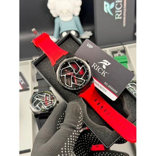 RICK SPINNING RUBBER WATCH RICK No.888666 Skeleton Wristwatch Red Silicone Strap Sport Watch with Tachymeter - VIP Box