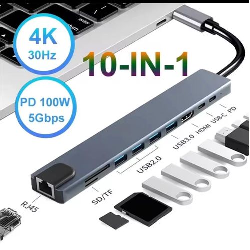 10 in 1 USB C HUB 4K30Hz Docking Station Type C to HDTV-Compatible RJ45 Ethernet PD100W for Laptop MacBook Windows iPad iPhone Huawei Sumsung Phone