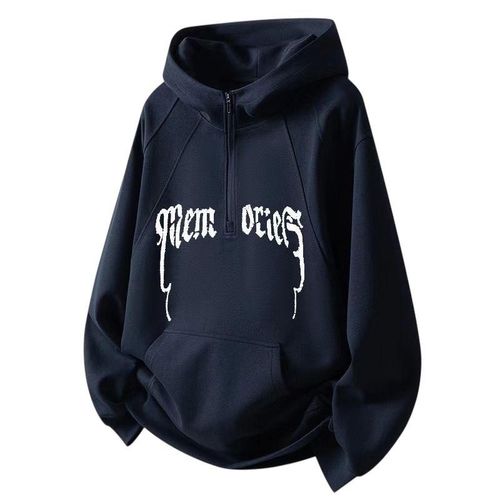 Unisex Gothic Print Half-Zip Oversized Hoodie Sweatshirt - Navy Blue Streetwear