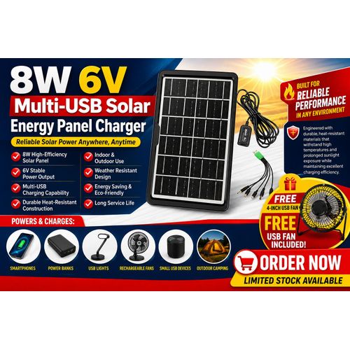 8W 6V Portable Solar Panel Fast Charger – Multi-USB Outdoor Power Solution + 4INCH USB FAN