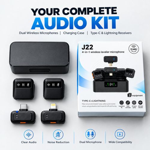 J22 4-in-1 Wireless Lavalier Microphone with Charging Case, Noise Reduction, Type-C & Lightning Receiver for Android and iPhone