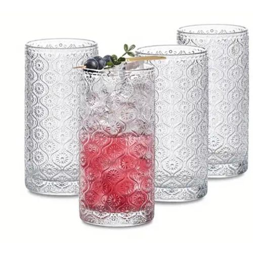 4pcs 12.5/13.5oz Glass Cups Vintage Glassware, Embossed Pattern Style Transparent Roostertail Glasses Set with Straw and Coaster, Romantic Water Glasses, Bar Beverages Ice Coffee Cup Juice