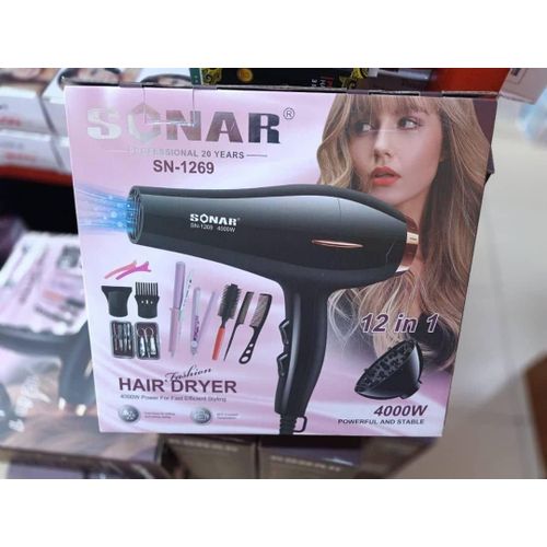 Sonar Professional 12-in-1 Fashion Hair Dryer Combo Set - 4000W Powerful & Stable, Constant Temperature with Styling Accessories - Black