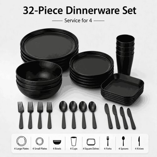32-Piece Black Plastic Dinnerware Set For 4 Plates Bowls Cups