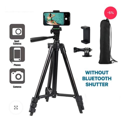 125CM STRONG IRON ADJUSTABLE HEIGHT PORTABLE UNIVERSAL SELF LEVELING CAMERA/PHONE TRIPOD STAND & HOLDER + BLUETOOTH STUTTER