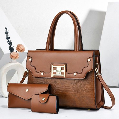 Miriam Classy 3-in-1 Luxury Women Handbag Set - Crocodile Textured Leather Shoulder Bag With Matching Clutch & Card Wallet - BROWN