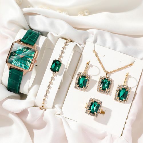 Luxury Women Green Crystal Jewelry Set With Square Watch Necklace Earrings Bracelet Ring Orange Gift Set