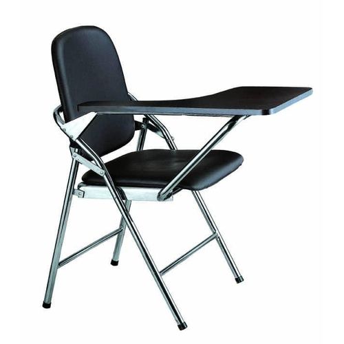 A folding lecture chair with an attached writing tablet,