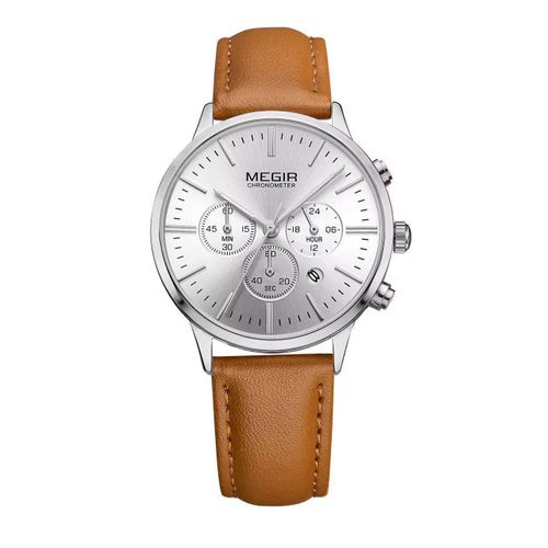 Mens Luxury Chronograph Watch - Silver Sunray Dial Tan Genuine Leather Strap - 24-Hour Calendar Display