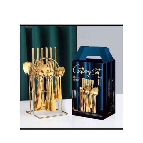 Golden spoon 24 pcs golden plated stainless steel spoon & fork SET & RACK