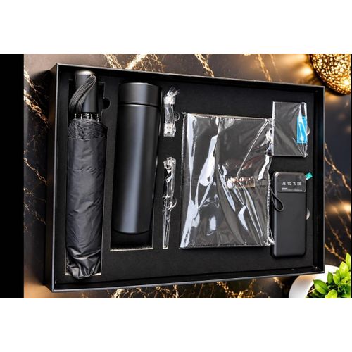 6-in-1 Luxury Corporate Business Gift Set – LED Smart Thermos Flask, Power Bank, Compact Umbrella, Leather Notebook, Metal Pen & USB Flash Drive Set
