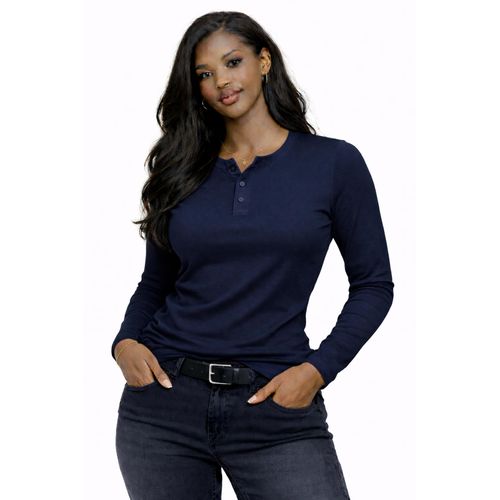 DAMBA Womens Premium Henley Long Sleeve T-Shirt Slim Fit Casual Tee - NAVY BLUE