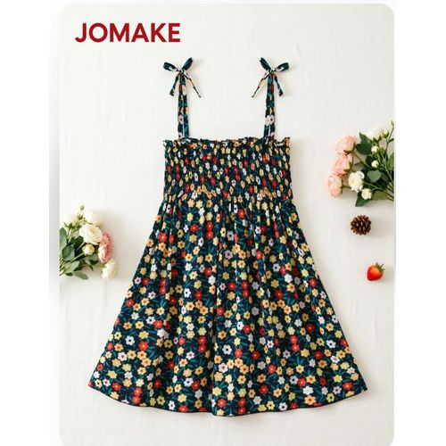 1-7 Years Girls' Strappy Dress，Navy blue background with floral print