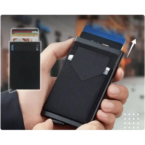 Fabric canvas-covered slim pop-up card holder wallet with a back cash pocket