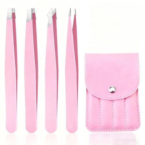 4-Piece Pink Stainless Steel Eyebrow Tweezer Set – Beauty Tools for Shaping and Removing Unwanted Hair