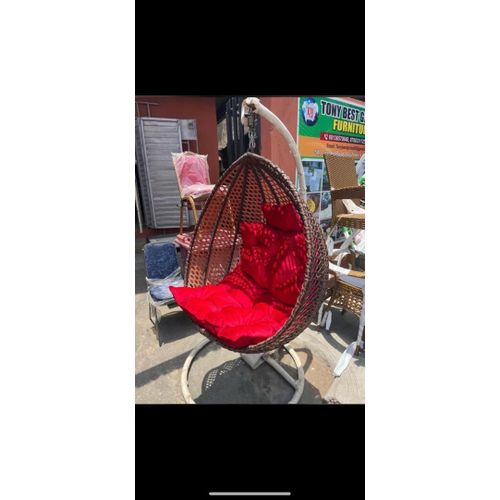 Luxury Rattan Hanging Egg Chair Swing with Premium Red Cushions & Metal Stand
