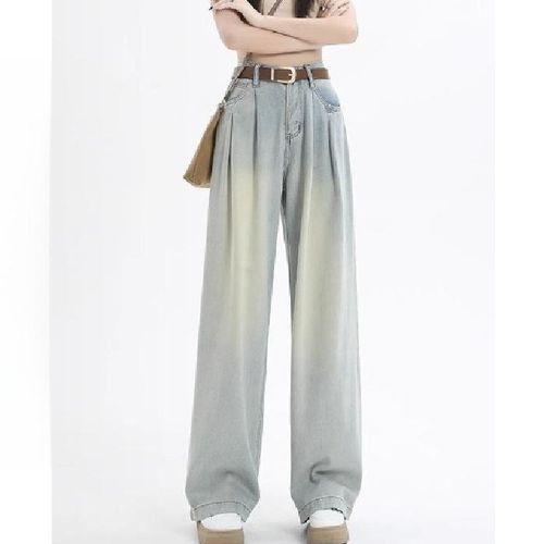 2024 New Style Vintage Slimming Draped Bell Bottoms Straight Leg Jeans Loose Fit Concrete Grey Colour For Women - Light blue