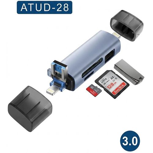 6-in-1 USB 3.0 Memory Card Reader, Multi-Card Adapter with Lightning, USB-C, & USB-A Connectors, Dual SD/MicroSD Slots & USB Female Port for iPhone, iPad, Android, PC, Mac