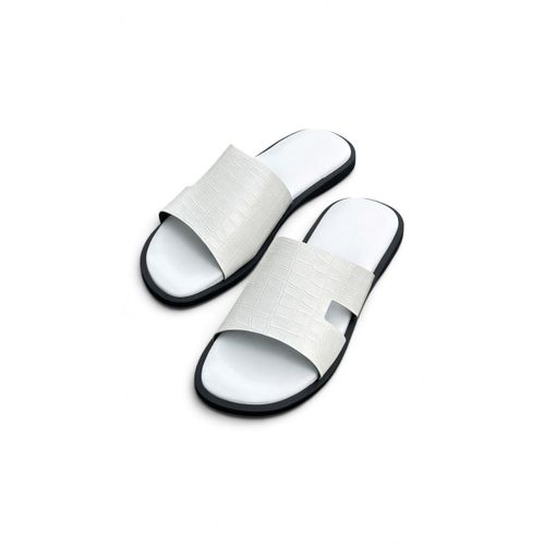 Fabian Men's Crocodile-Embossed Leather Cut-Out Wide-Band Slides Casual Slippers - White