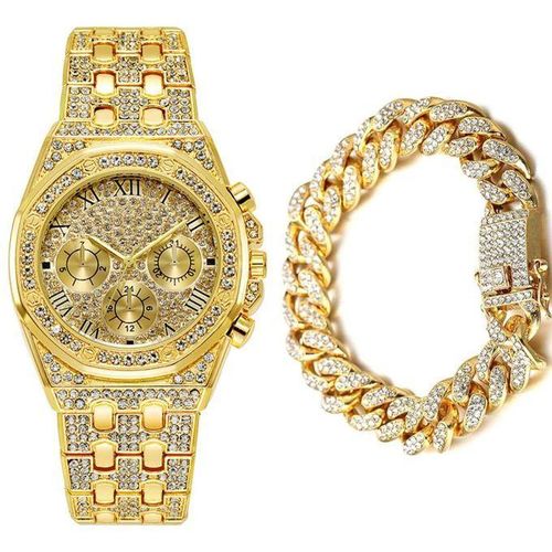 Luxury Gold Plated Iced Out Wrist Watch and Cuban Link Bracelet Set Diamond Styled Jewelry Gift Set for Men