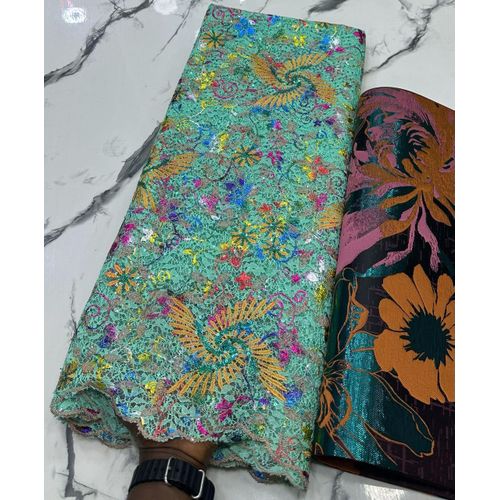 Sequin Guipure Lace Fabric - Mint Green / Turquoise Multicolor Floral Embroidered with Mustard Yellow Spiral Fan Flowers and Multicolor Sequin Vines