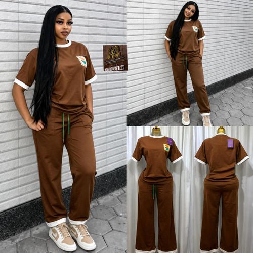 Women's Luxury Casual 2-Piece Tracksuit Set – Premium Nigerian Made Round Neck T-Shirt & Straight Leg Jogger Pants Outfit -Brown