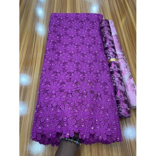 Magenta pink Floral Embroidered stoned Lace Fabric. Teal green guipure cord 5yards. No headtie