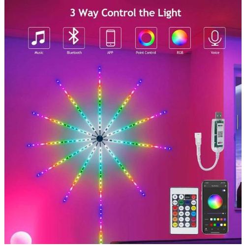 Bluetooth Coloured Fire works LED Light Strip, USB Multicolor Chase Effect Starburst Strip Light,195LEDs RGB Fire works LED Strip Music Synchronization for Christmas Party Decor