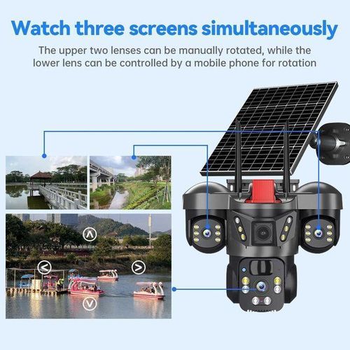 Triple (3) Lens V380 pro, 12mp, 4G, 2 way audio night vision battery backup solar powered cctv camera