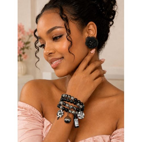 Charm Beaded Bracelet with Matching Floral Earrings