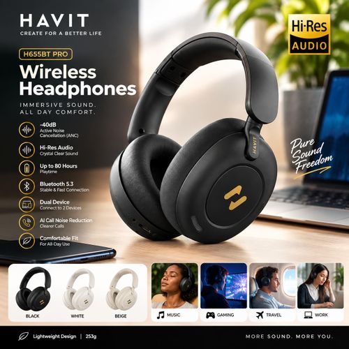 H655BT Pro ANC Over-Ear Wireless Bluetooth Headphones - Hi-Res Audio, -40dB ANC, 80H Battery