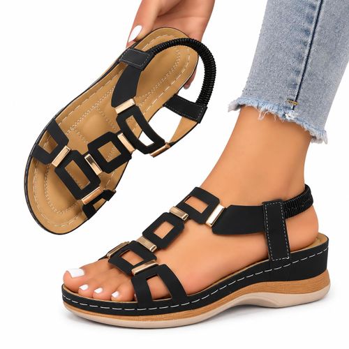 Open-Toe Flat Sandals with Gold-Tone Accents, Ankle Strap & Cushioned-Look Sole