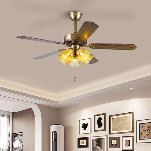 SUMMER WIND 54inch 5 Blades Art Ceiling Fan with 4 LED Bulb Lights + Remote - 7W - Brass/Wood