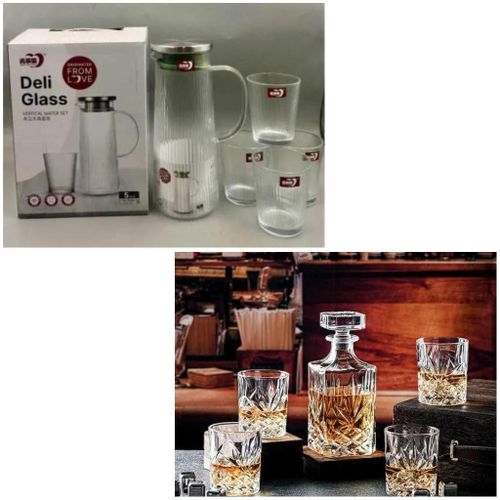 Whiskey set with decanter 4 cups and 1 decanter plus water juice glass cup 4 cups and 1 jug