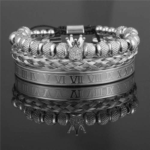 Men's 3-Piece Stainless Steel Crown Bracelet Set – Roman Numeral Cuff & Braided Cable Bangle Pack
