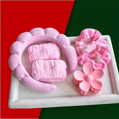 6pcs Set Flower Hair Claw Clip Washing Wristband Scrunchies And Spa Bubble Headband For Make Up Shower Skincare
