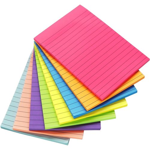 Lined Sticky Notes 4X6 in Post, 8 Bright Colors Large Ruled Post Stickies Colorful Super Sticking Power Memo Pads Strong Adhesive, Long Sticky Notes for Office, Home, School, 40 Sheets/pad