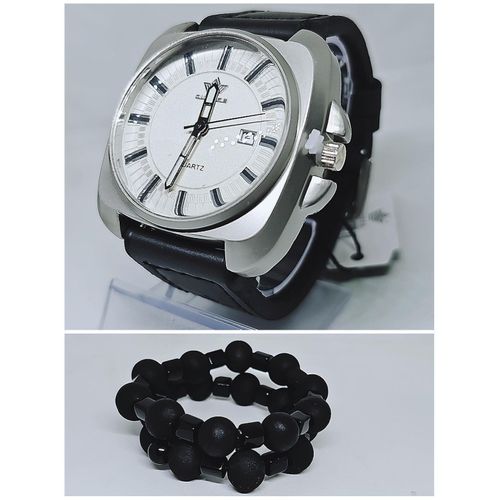 Men Black Leather Wristwatch + Bracelets