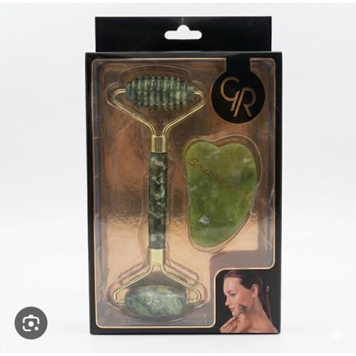 green stone facial massage roller and heart-shaped Gua Sha tool set