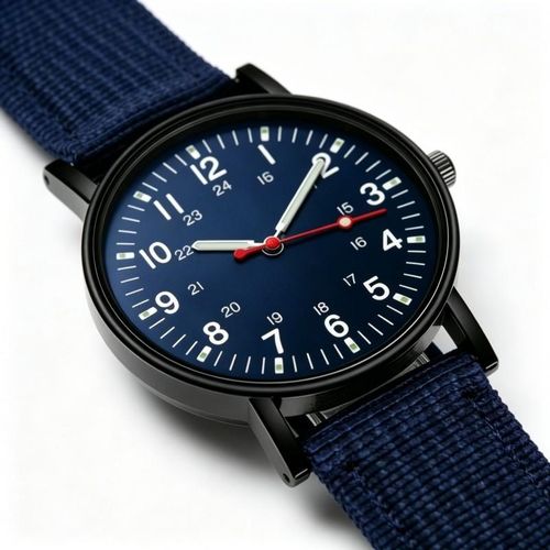 Men's Blue Nylon Strap Quartz Watch - 24-Hour Luminous Dial, Waterproof Blue