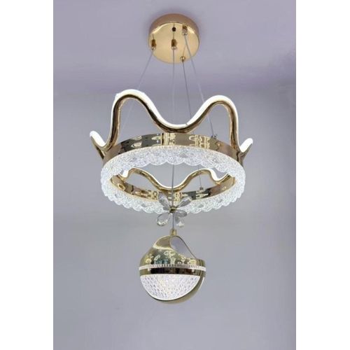 Regal Crown LED Pendant – Luxury Gold Halo Chandelier with Crystal Accents