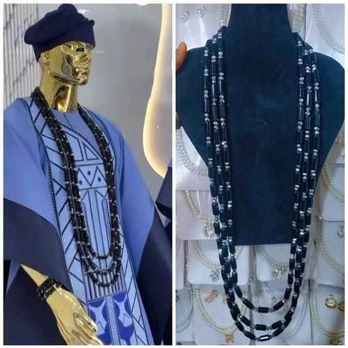 6 set Handmade black bead Necklace and bracelet men Agbada bead AsoOke bead long black Yoruba bead men set
