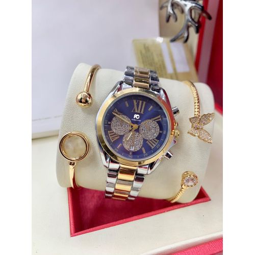 Stylish Forever Lasting & Non Fading Female Gold/Silver Chain Wristwatch + Bracelets