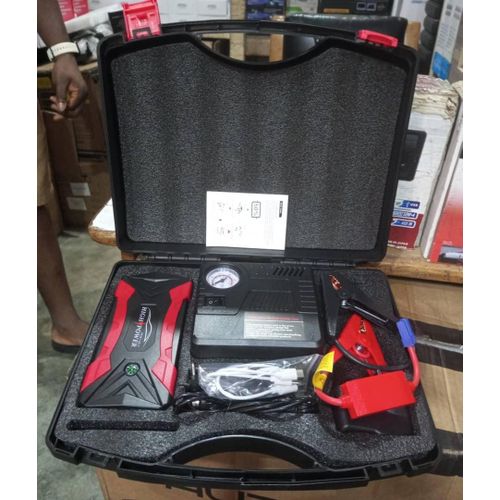 High Power multi-functional car jump starter and air compressor kit with a 99800mAh power bank.