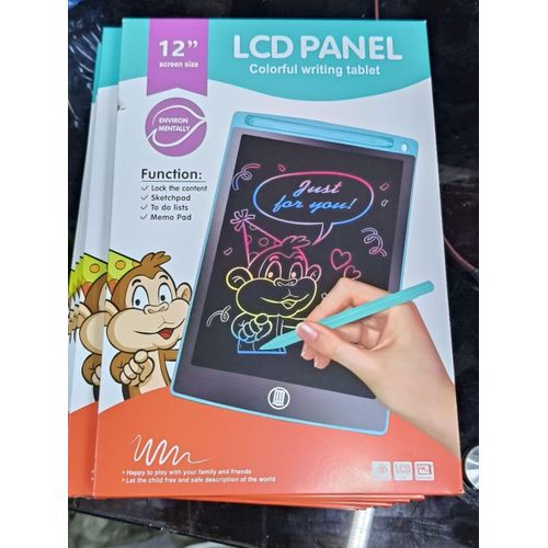 12-inch colorful LCD writing and drawing panel for kids, featuring an erasable screen, stylus, and lock function.