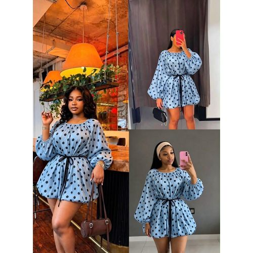 Women’s Polka Dot Bubble Hem Mini Dress – Blue