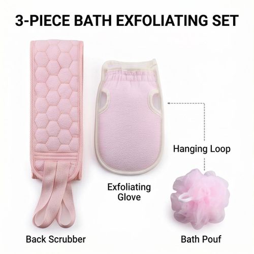 3-Piece Bath Scrubbing Set - Exfoliating Back Scrubber, Mitt & Sponge Kit-pink
