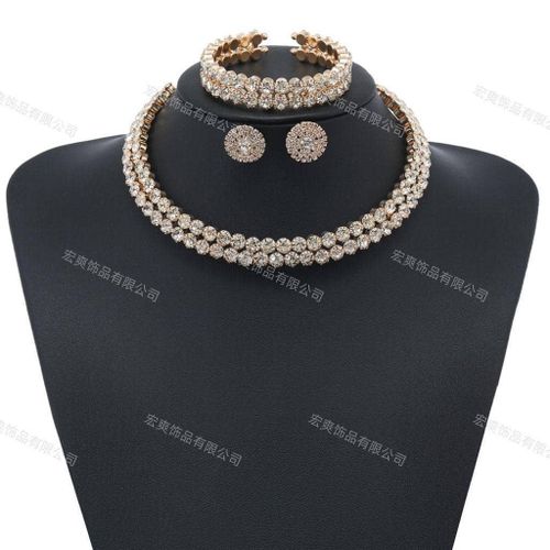 Qualit Sophisticated Diamond Iced Gold Steel Studded Necklace + Bangle/Ring