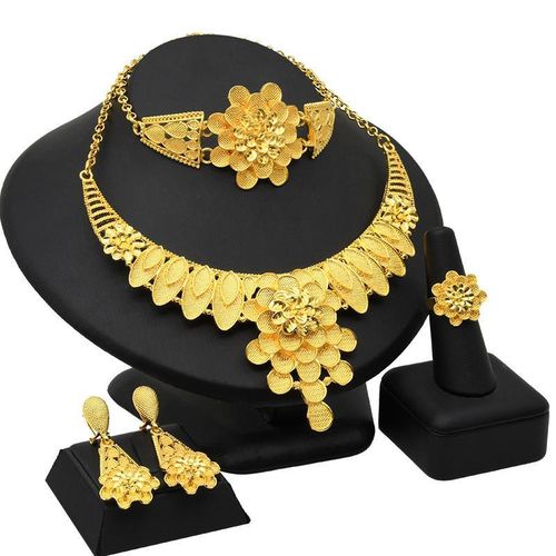 S-348 Gold Plated Jewelry Set For Women African Bridal Necklace Earrings Rings Bracelet - Gold